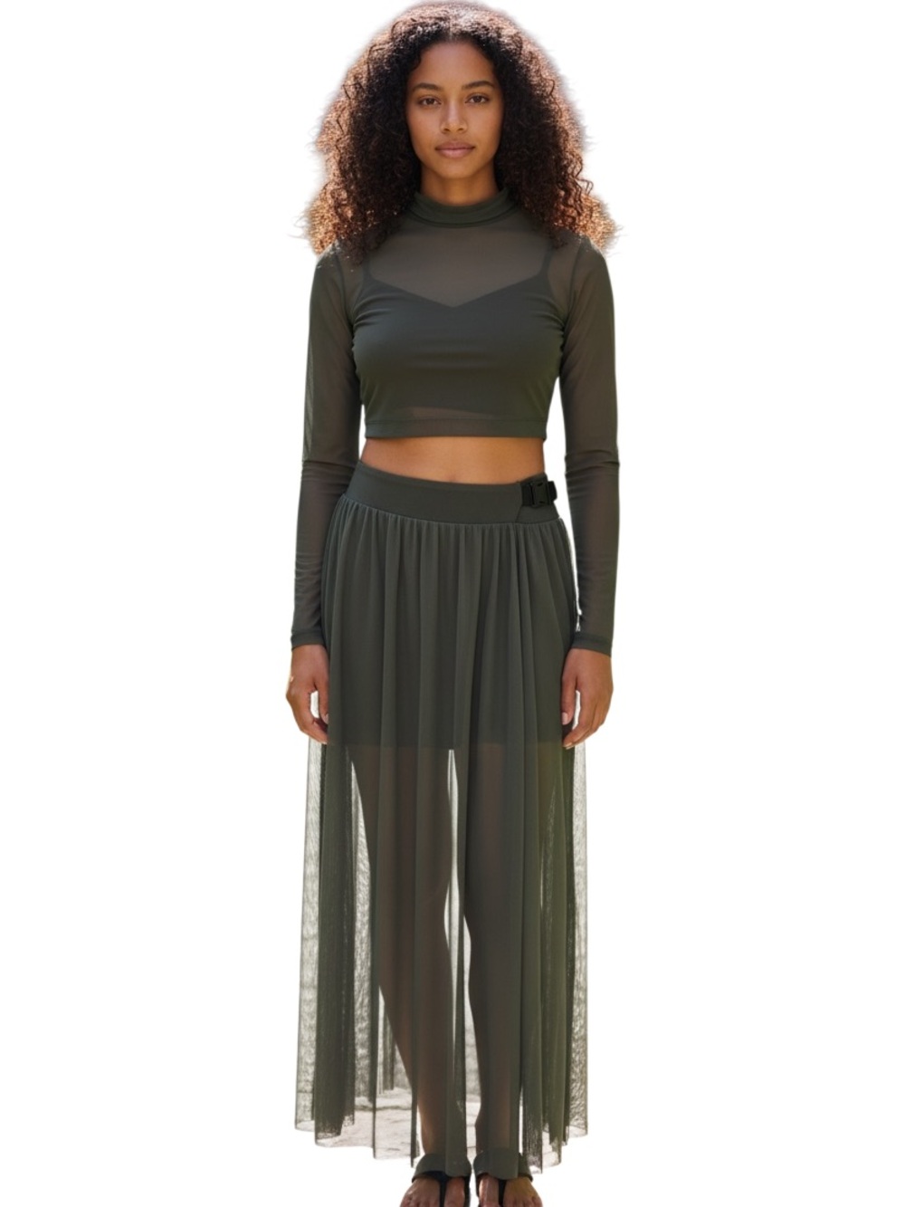 Double Platinum Dance Olive Mesh Maxi Skirt Set Size M